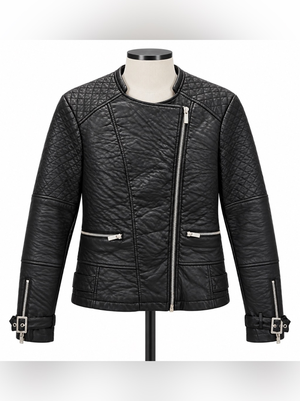 NWOT ASOS Black Quilted Faux Leather Moto Jacket US 12 Womenโs Lined Biker Vegan